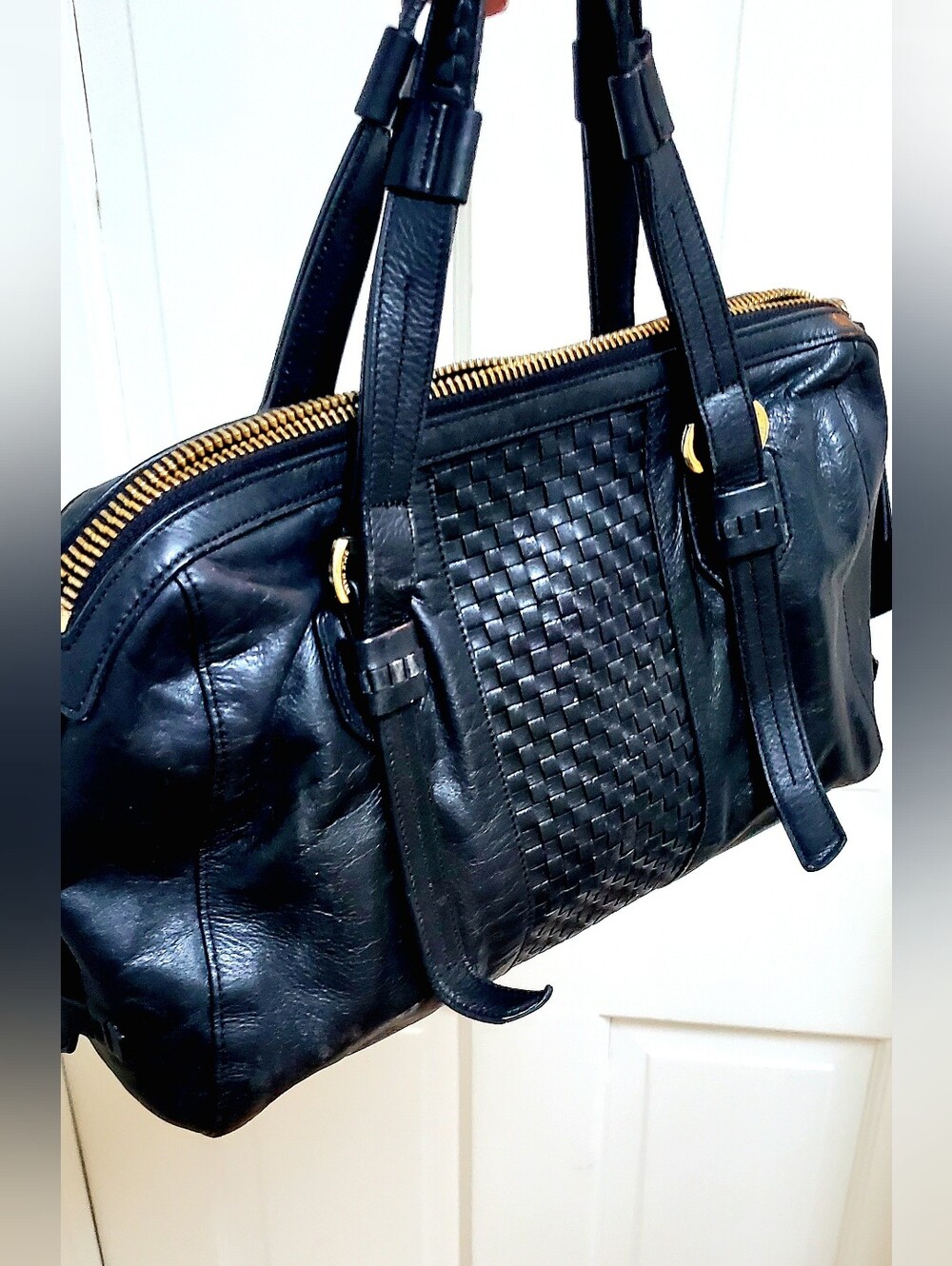 Cole Haan Black Woven Leather Satchel with Gold Hardware